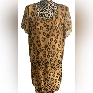 Cheetah Dress Size 14W MIDI Short Sleeve Sheer Lined Key Hole animal print